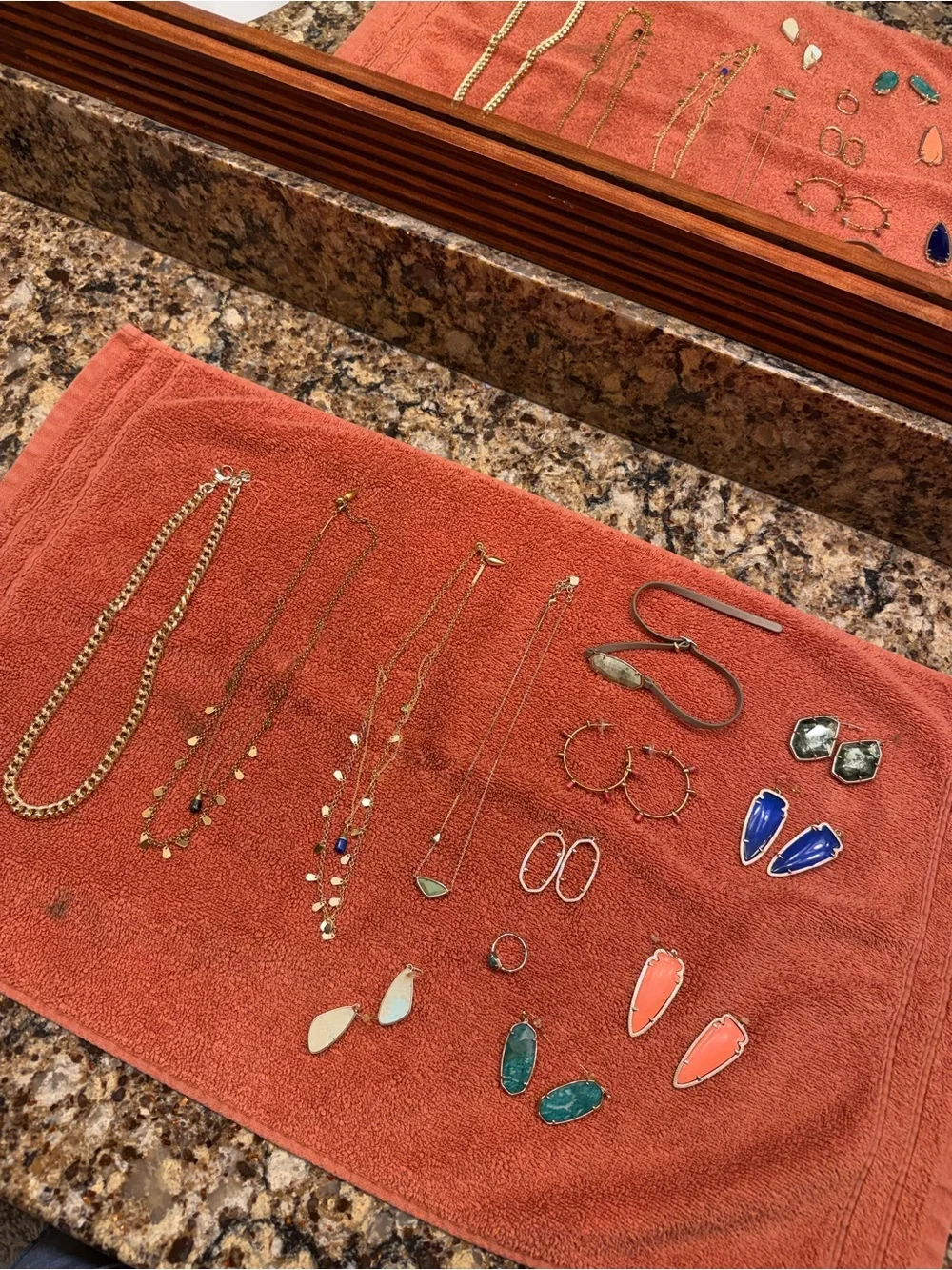 Gold Tone Mixed Necklace and Earring Set in Coral, Teal, Blue